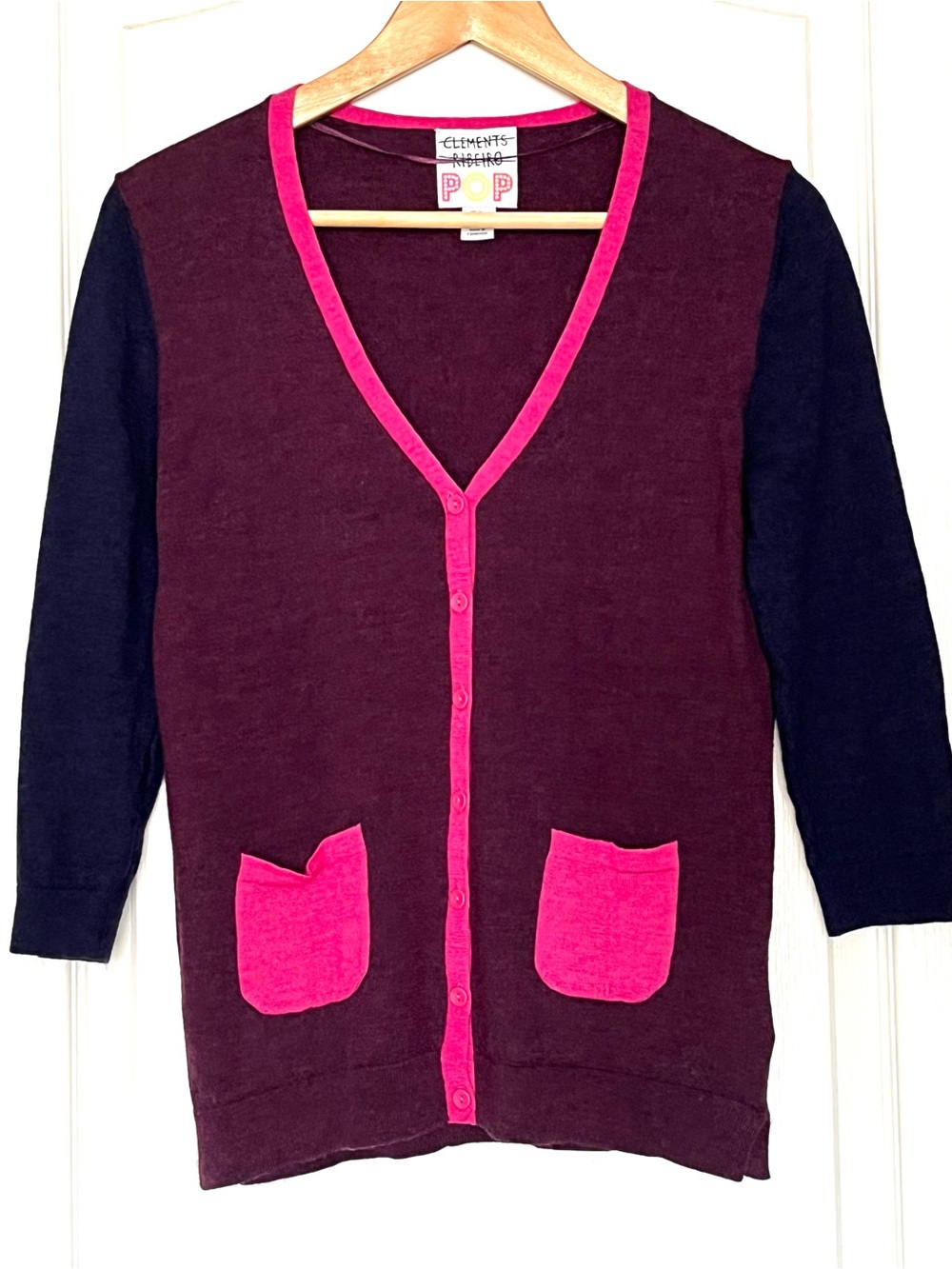 Clements Ribeiro POP Colorblock Woolmark Merino Wool Cardigan Size M Plum - Picture 11 of 12